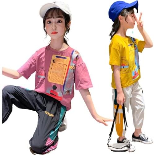 Summer Girls Clothes Outfits Short Sleeve Sportsnet Red Two Piece Suit Casual Novelty Cartoon Tracksuit Children Clothing Set