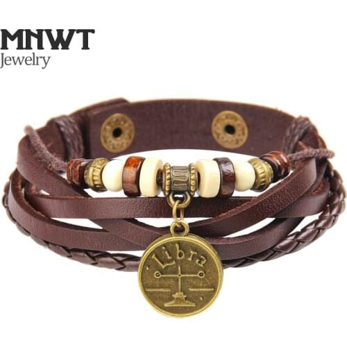MNWT Fashionable Bronze Pendant Zodiac Signs Bracelet Punk Leather Bracelet Wooden Bead Lover Charm Jewelry For Women Men