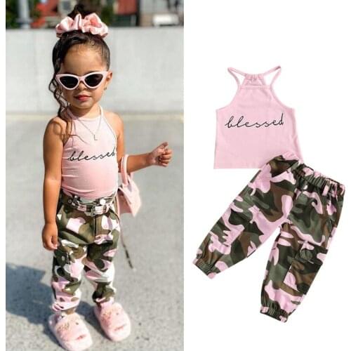 Fashion Toddler Kids Girls Summer Clothes Children Girls Casual Letter Print Pink Sleeveless Halter Tops+Camouflage Print Pants