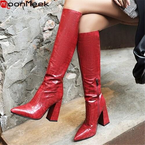 MoonMeek 2021 Big Size 33-48 Women Boots Sexy Extreme High Heels Pointed Toe Winter Boots 3 Colors Knee High Boots Black Red
