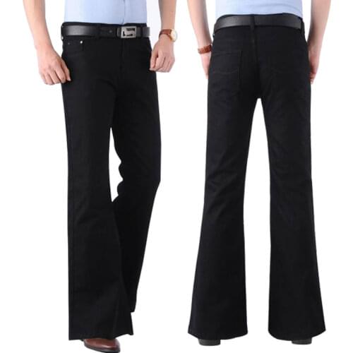 Mens thin flared leg jeans trousers high waist long flared jeans men blue black jeans men flared bottom jeans men