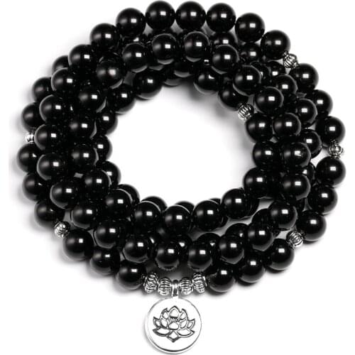 Natural Round Stone Bright Beads Genuine Black Tourmaline Stone Beads Bracelet Men Jewelry Necklace Women Lotus Charm