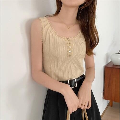 The New Women Knitted Summer O NeckVest New 2021 Lace Stitching Plain Weave camisole Vest Womens Sleeveless Blouse Tops T-Shirt