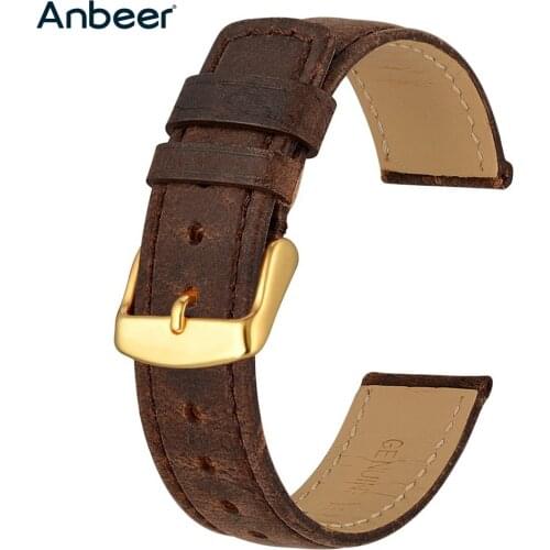 Anbeer Luxury Style Watchband 18mm 20mm 22mm Genuine Leather Watch Strap Elegant Vintage Retro Bracelet for Men Women
