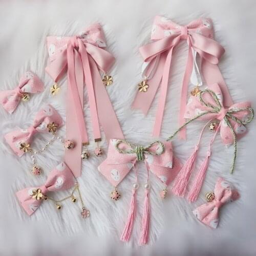 Pink Sakura Rabbit Cosplay Lolita Kawaii Tassel Bow Bell Hair Pin Headwear Japanese Womens Maid Kimono Side clip headband