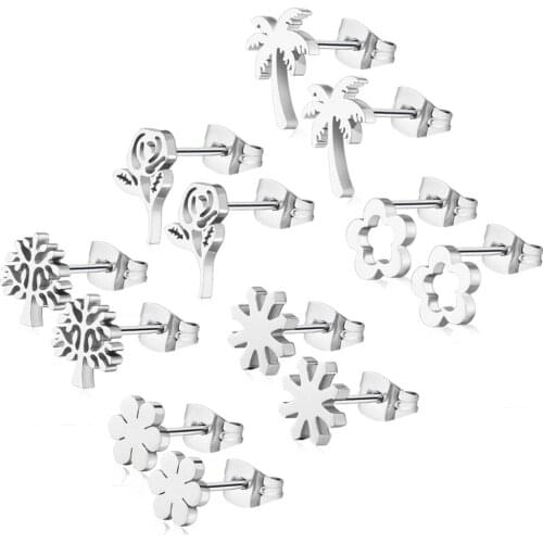 Elegant Tree Flower Pattern Women Stainless Steel Stud Earrings Set Wedding Bridal Jewelry Minimalist Silver Color 36pcs ED004