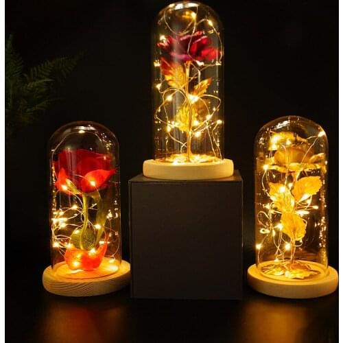 24k gold foil rose flower little prince rose glass cover with LED light Valentines day Christmas gift decorations for home