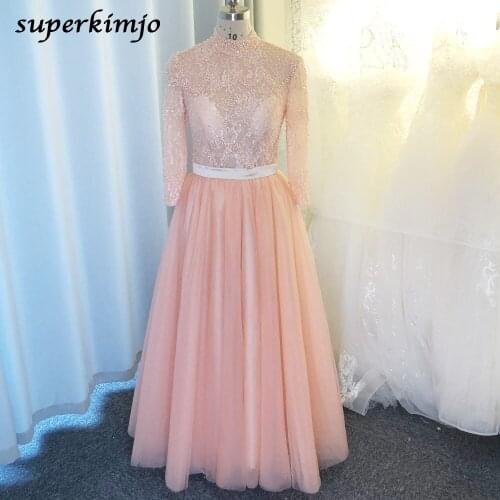 SuperKimJo High Neck Pink Prom Dresses Long A Line Beaded Lace Applique Elegant Cheap Prom Gown Vestidos De Gala