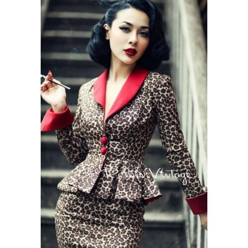 Le Palais Vintage elegant retro Sexy Leopard contrast color waist coat pencil skirt suits/sets tight slip