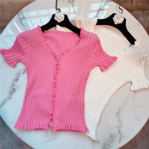 Pink White Knitted Tshirt for Women Summer Shirt Sweet Frilled Short Tight-Fit Knitted Short-sleeved T-shirt Ladies Bodycon Tops