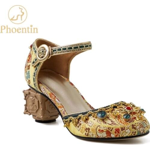 Phoentin royal yellow mary janes shoes woman 2020 New arrive wedding satin mid heels crystal ankle style pumps ladies red FT836