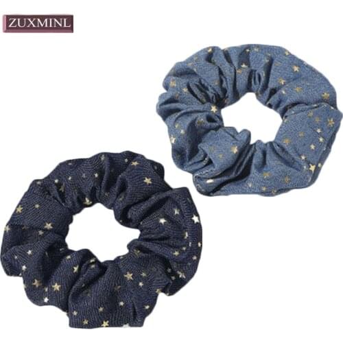 Women Denim Blue Elastic Hair Scrunchie girl stars hair bands Fabric crunchy hair tie ponytail Cowboy Style chouchou accessorie