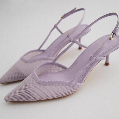 New Womens Shoes Mesh Cat Heel High Heels Women Stiletto Heels Violet Thin Heels High (5cm-8cm) Pointed Toe Pumps T-strap PVC