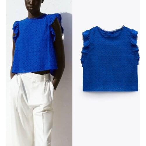 ZA 2021 Blue Openwork Embroidered Tops Women Summmer Sleeveless Ruffle Chic Blouses Sexy Back Opening Button Vintage Woman Top