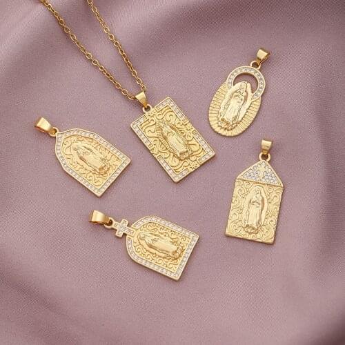 Religion Jewelry Cubic Zircon Virgin Mary Cross Pendant Necklace Shining Statement Crystal Charm Choker Necklace for Woman Gift