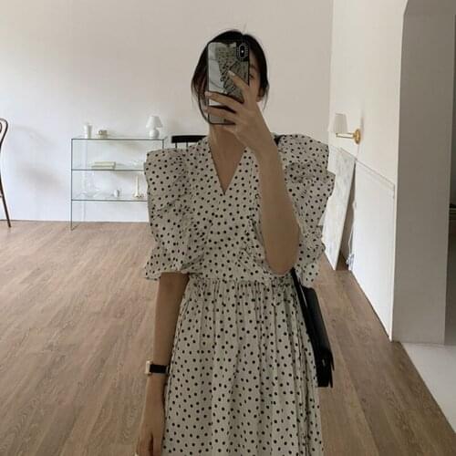 Korean One-Piece Ladies Dress Summer 2021 Fashion V-Neck Ruffled Contrast Polka Dot Print Chiffon Dress Casual Long Dress Female
