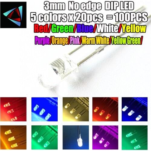 100pcs (5 colors x 20pcs) White Red Green Blue Yellow 3mm No edge Light-Emitting Diode LED Assorted Kit