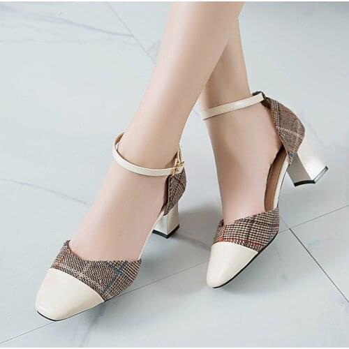 2020 Summer Women Sandals Ankle Strap Dress Shoes Plaid Pumps Cover Toe Sandalias Ladies Shoes High Heels zapatos mujer 8395G