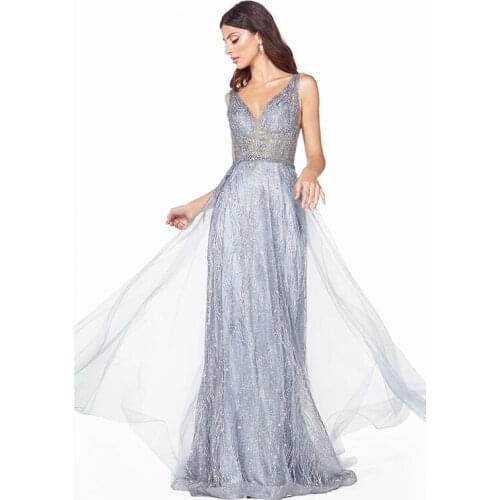 2020 Sexy V Neck Blue Long Prom Dresses Glitter Tulle Crystal Mermaid Pageant Formal Dance Ball Gowns Backless