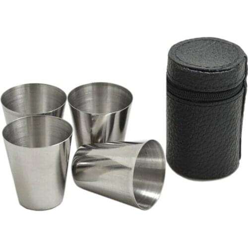 4Pcs/Set 30ML Stainless Steel Polished Wine Drinking Shot Glasses Cup With Leather Cover Case Bag Barware For Home Kitchen Bar