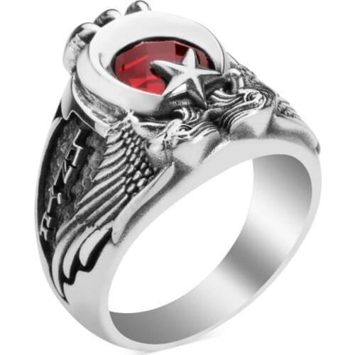 925 Sterling Silver Red Zircon Crescent Star Motif Ring Double Gray Wolf Men Ring Claw Style Jewelery Vintage Turkish Men Ring