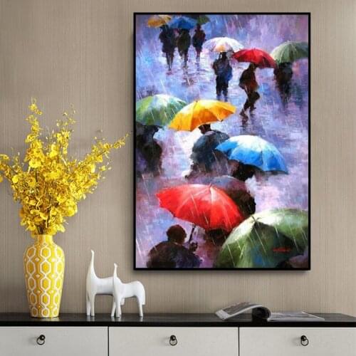 Abstract Wall Art Posters Prints Oil Painting on Canvas Walking In The Rain Canvas Painting Picture for Living Room Home Cuadros
