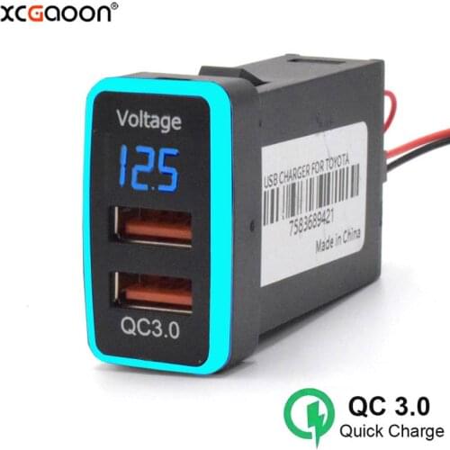 XCGaoon QC3.0 Quickcharge Car Charger 2 USB Port Phone DVR Adapter With LED Voltmeter Plug&Play Cable For TOYOTA, Output 18W Max