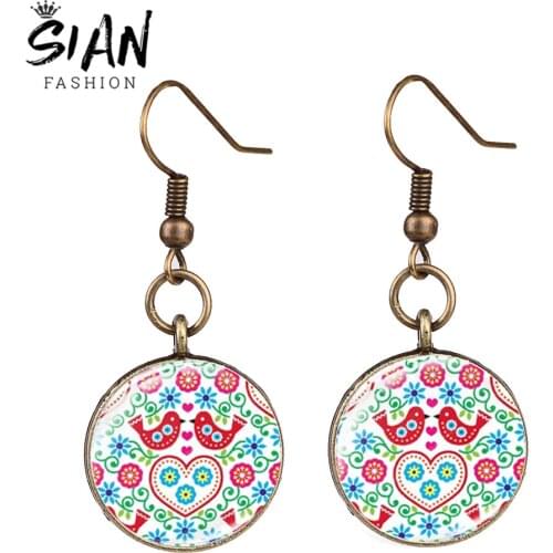 SIAN Modern Flower Paper Cutting Art Photo Earrings for Women Polish Folk Patterns Bronze Silver Plated Wedding Dangle Earrings