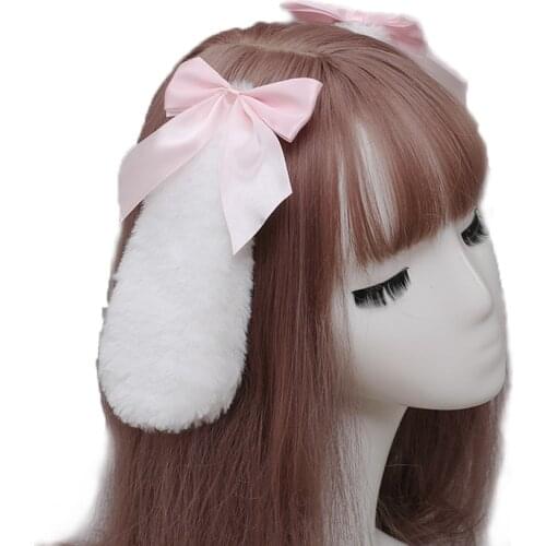 Cute Women Girls Rabbit Hair Clip Kawaii Bunny Plush Lop Ears Hairpin Candy Color Ribbon Bowknot Lolita Cosplay Hair Accessories