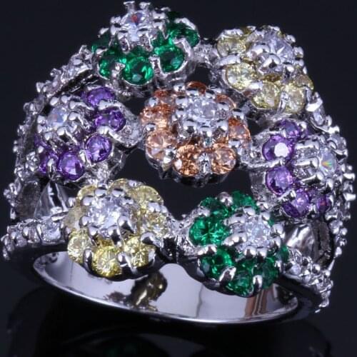 Flawless Huge Flower Multigem Multicolor Brown Cubic Zirconia Silver Plated Ring V0548