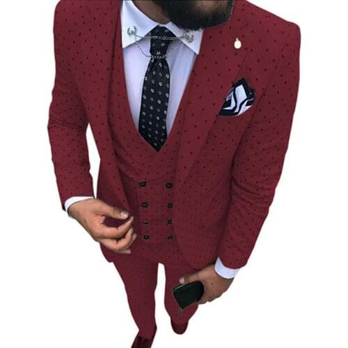Burgundy Mens Suits 3 Piece Wave Point Casual V Neck Notch Lapel for Wedding Groomsmen Tuxedos Suits Men 2019(Blazer+Vest+Pants)