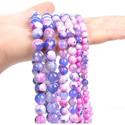 Natural Stone Beads Smooth Blue Pink Fire Agates Round Loose Spacer Beads for Jewelry Making Bracelets DIY Accessories 6/8/10MM