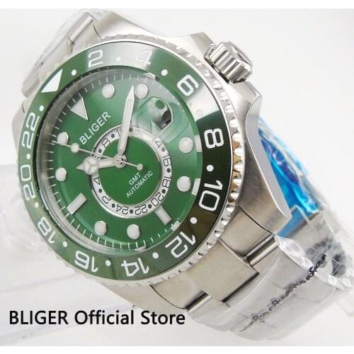 Solid BLIGER 43MM Mens Wrist Watch Green Dial Ceramic Bezel GMT Indicator Luminous Marks Sapphire Glass Automatic Movement