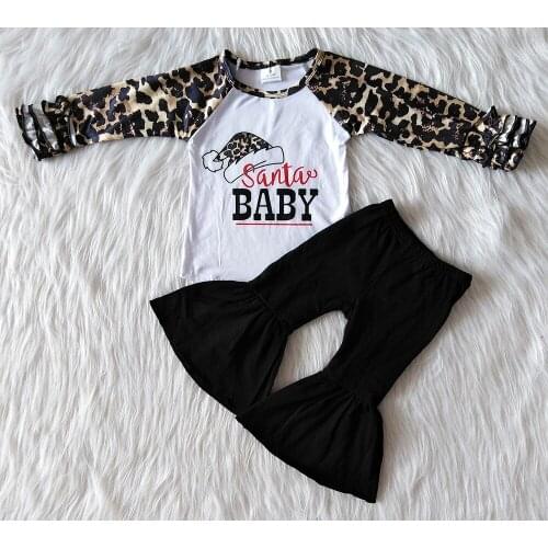 Long sleeve kids fall winter clothes girl leopard shirt match black bell pants 2 pieces set girl Christmas outfit