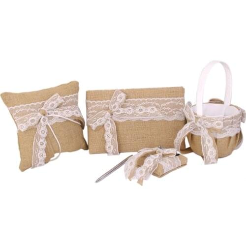Hessian Burlap Wedding Flower Girl Basket Lace Bowknot Decor