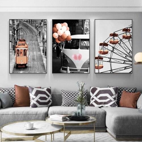Gray Scenery Tower Lighthouse Road Bus Hot Air Balloon Mountain Canvas Painting Wall Frameless Picture Poster Living Room Decor