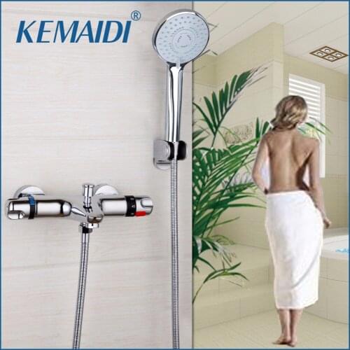 KEMAIDI Thermostatic Shower Faucet Wall Mounted Double Handles Faucet Spout Filler Diverter Chrome Bathtub Valve Faucet Mixer