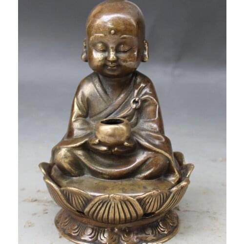 14CM Marked Chinese Bronze Children Kids TongZi Lotus Incense Burner Censer