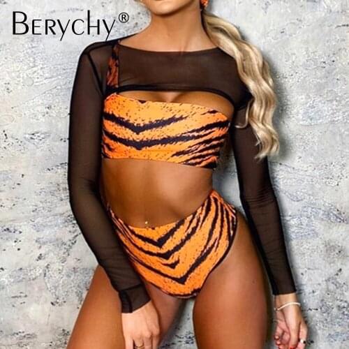 3 Piece Bikinis Set with Long Sleeve Cover Up Mesh Swimsuit Women Swimwear High Waist Bathing Suit 2021
