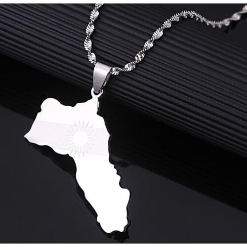 Stainless Steel Silver Color Kurdistan Map Pendant Necklaces Kurdish Flag Map Chain Jewelry