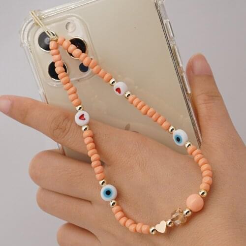 Wholesale Female Mobile Phone Chain Hanging Jewelry 8MM White Eye Beads Orange Beaded Mobile Phone Rope Short For Woman