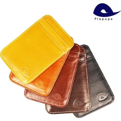 Plapupa 100% Cow Leather Vertical Antique Flat Khaki id Card Holder with 5 credit card pockets