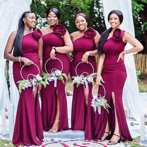 Hand Made Flower Mermaid Bridesmaid Dresses Side Split One Shoulder Maid Of Honor Gowns Plus Size