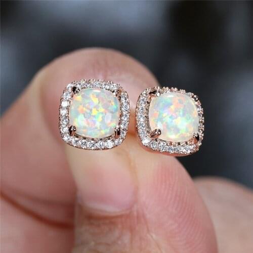 Vintage Rose Gold Bridal Earrings Rainbow Crystal Multicolor Opal Stone Earrings Aqua Blue Zircon Square Stud Earrings For Women