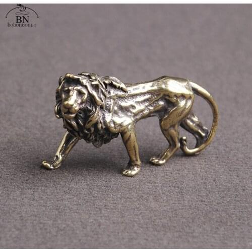 Retro Brass Lion King Miniatures Figurines Desktop Ornaments Pure Copper Statue Metal Crafts Home Decorations Keychain Pendants