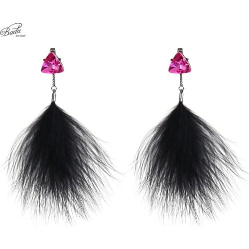 Badu Triangle Crystal Earring Women Black Ostrich Feather Long Drop Earrings Fashion Jewelry 2017 Lovely Fashion Prom Party