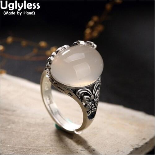 Uglyless Real S 990 Silver Jewelry Luxury Natural Chalcedony Rings Women Handmade Bijoux Engraved Butterfly Opening Finger Ring