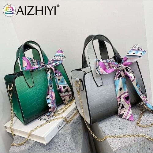 Vintage Women Silk Scarf Alligator Pattern Gradient Color PU Leather Shoulder Crossbody Bag Casual Ladies Top-handle Handbags