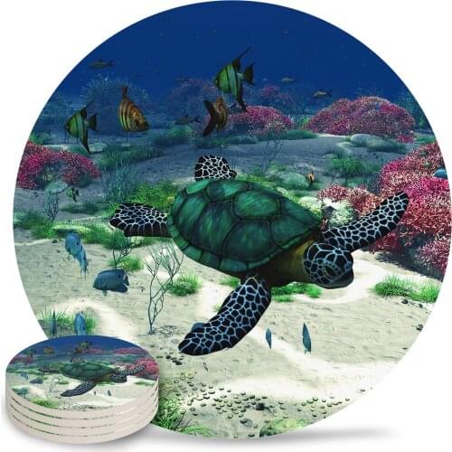 Sea Turtle Round Coaster Coffee Table Mats Kitchen Table Accessories Absorbent Ceramic Coasters