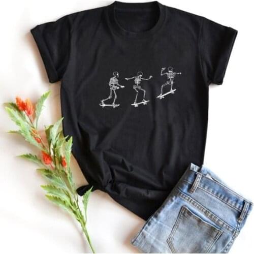 Womens Vintage Fashion Skeletons Skateboarding Black T-Shirt Tumblr Fashion Cute Funny Tee Hipsters Street Style Shirt Grunge C